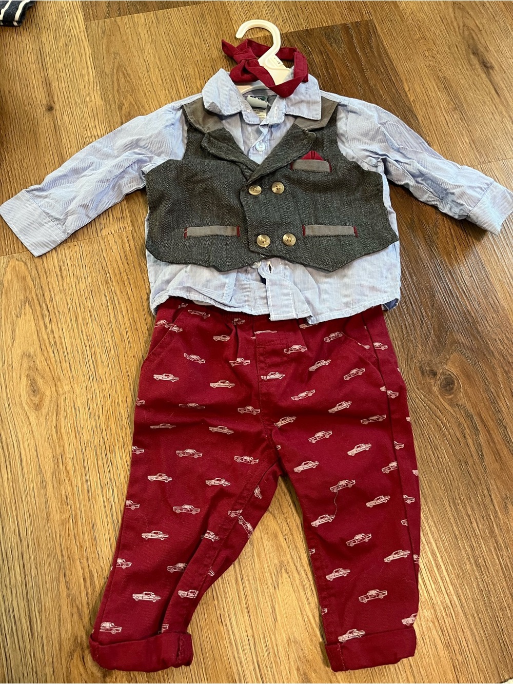 Little Lad Dress Shirt Vest with Red Bow Tie.  Red Car Print Pants. 6-9 months.